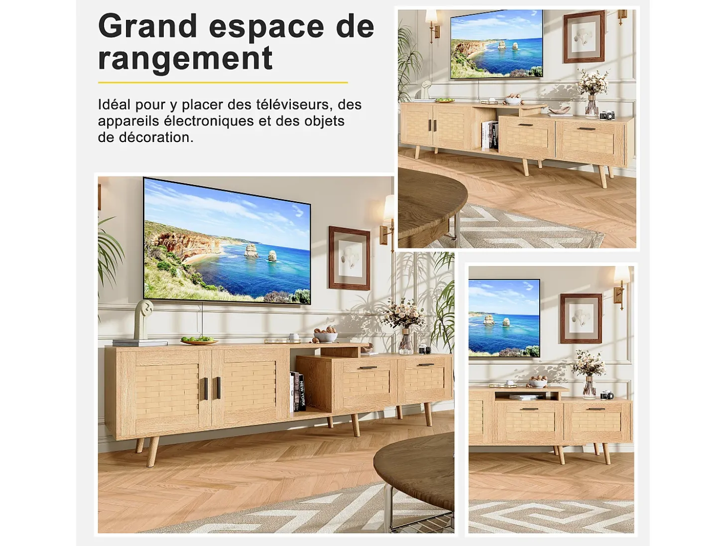 Suporte de TV extensível de 146 a 180 cm, com 2 gavetas, 2 portas e espaço de armazenamento, ideal para sala de estar ou quarto. Fabricado em madeira.