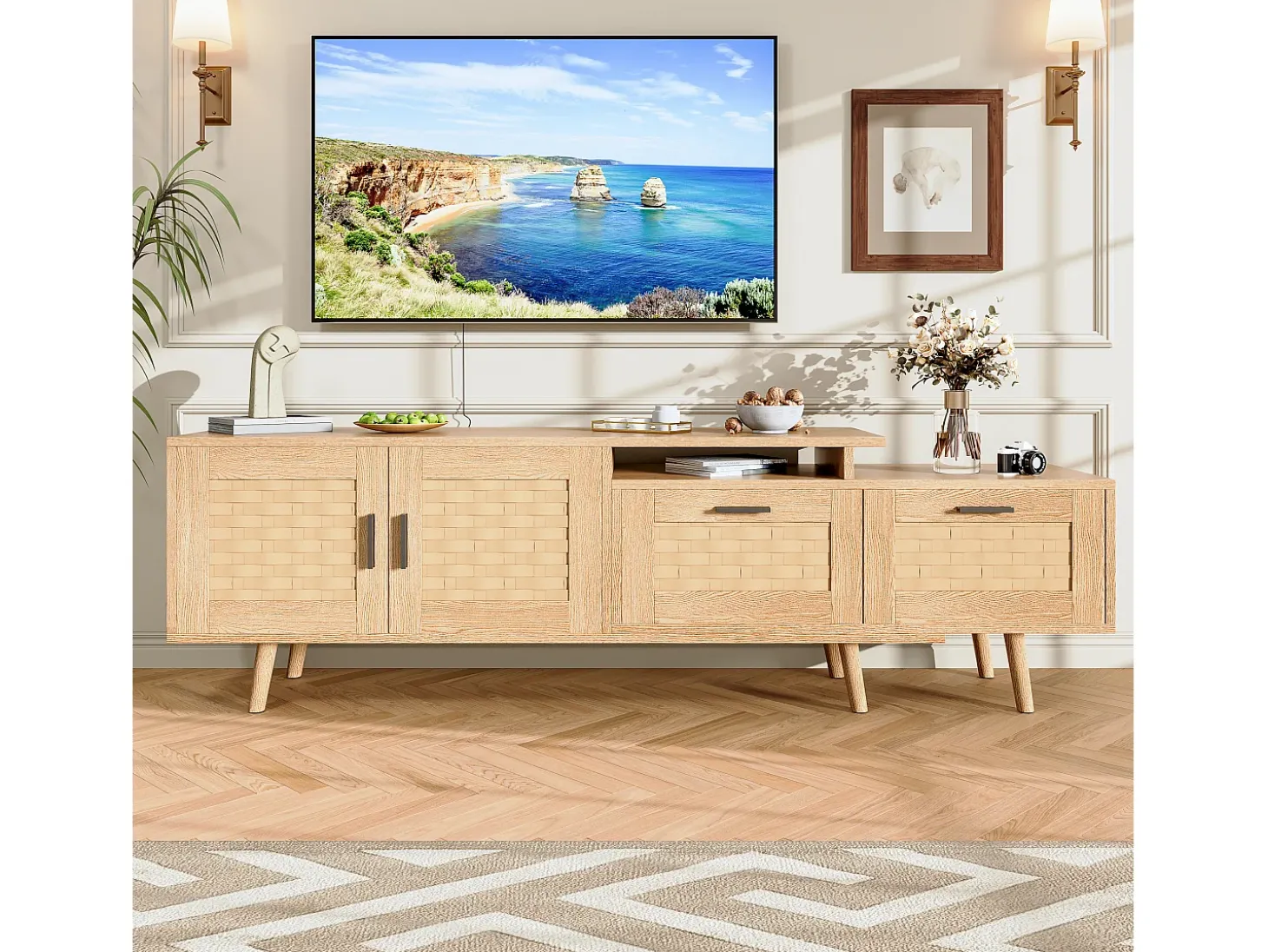 Suporte de TV extensível de 146 a 180 cm, com 2 gavetas, 2 portas e espaço de armazenamento, ideal para sala de estar ou quarto. Fabricado em madeira.