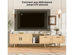 Suporte de TV extensível de 146 a 180 cm, com 2 gavetas, 2 portas e espaço de armazenamento, ideal para sala de estar ou quarto. Fabricado em madeira.