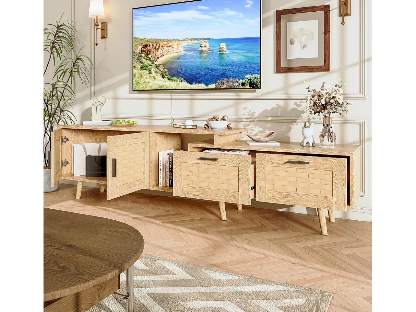 Suporte de TV extensível de 146 a 180 cm, com 2 gavetas, 2 portas e espaço de armazenamento, ideal para sala de estar ou quarto. Fabricado em madeira.