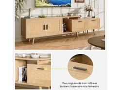 Suporte de TV extensível de 146 a 180 cm, com 2 gavetas, 2 portas e espaço de armazenamento, ideal para sala de estar ou quarto. Fabricado em madeira.