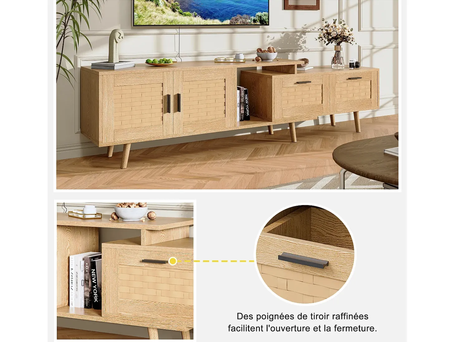 Suporte de TV extensível de 146 a 180 cm, com 2 gavetas, 2 portas e espaço de armazenamento, ideal para sala de estar ou quarto. Fabricado em madeira.