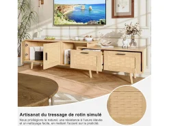 Suporte de TV extensível de 146 a 180 cm, com 2 gavetas, 2 portas e espaço de armazenamento, ideal para sala de estar ou quarto. Fabricado em madeira.