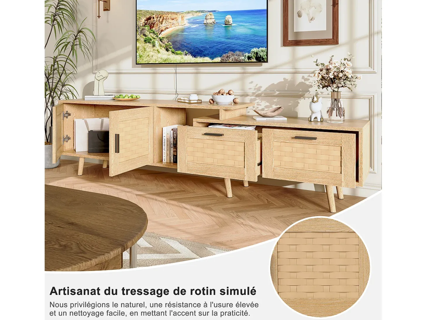 Suporte de TV extensível de 146 a 180 cm, com 2 gavetas, 2 portas e espaço de armazenamento, ideal para sala de estar ou quarto. Fabricado em madeira.