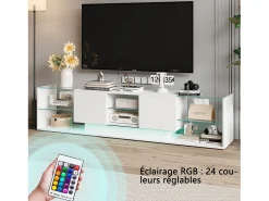 Suporte de TV LED de parede branco – 200 cm, design moderno, vidro temperado, iluminação RGB