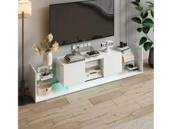 Suporte de TV LED de parede branco – 200 cm, design moderno, vidro temperado, iluminação RGB