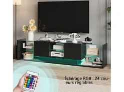 Suporte de TV LED de parede preto – 200 cm, design moderno, vidro temperado, iluminação RGB