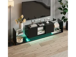 Suporte de TV LED de parede preto – 200 cm, design moderno, vidro temperado, iluminação RGB