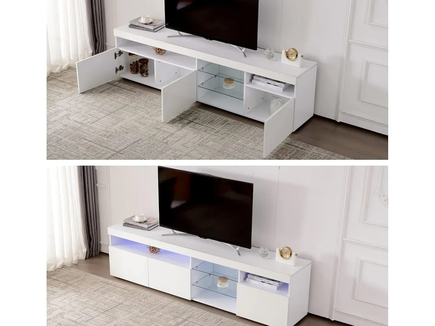 Suporte de TV moderno branco, painel transparente, LED regulável, para sala de estar e sala de jantar, 180 x 35 x 45 cm