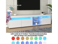 Suporte de TV moderno branco, painel transparente, LED regulável, para sala de estar e sala de jantar, 180 x 35 x 45 cm