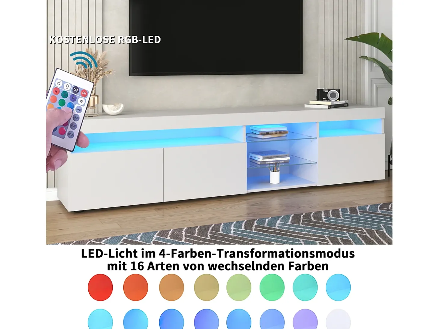 Suporte de TV moderno branco, painel transparente, LED regulável, para sala de estar e sala de jantar, 180 x 35 x 45 cm
