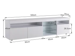 Suporte de TV moderno branco, painel transparente, LED regulável, para sala de estar e sala de jantar, 180 x 35 x 45 cm