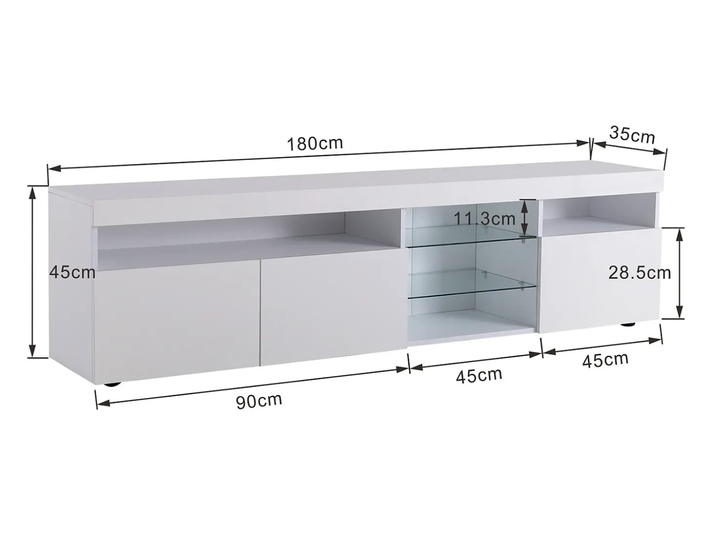 Suporte de TV moderno branco, painel transparente, LED regulável, para sala de estar e sala de jantar, 180 x 35 x 45 cm