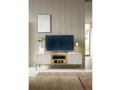Suporte de TV moderno com frente canelada, 154×56×39 cm, Caxemira / Ouro