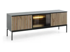 Suporte de TV moderno com frente canelada, 154×56×39 cm, Preto / Carvalho Wotan