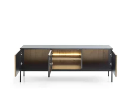 Suporte de TV moderno com frente canelada, 154×56×39 cm, Preto / Carvalho Wotan
