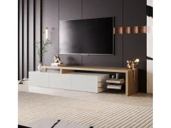 Suporte de TV moderno com luzes LED reguláveis, 3 portas e prateleiras de vidro - Branco