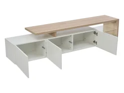 Suporte de TV moderno com luzes LED reguláveis, 3 portas e prateleiras de vidro - Branco