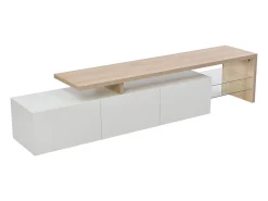 Suporte de TV moderno com luzes LED reguláveis, 3 portas e prateleiras de vidro - Branco