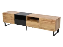 Suporte de TV moderno com design em preto e madeira – amplo espaço de armazenamento, construção robusta.