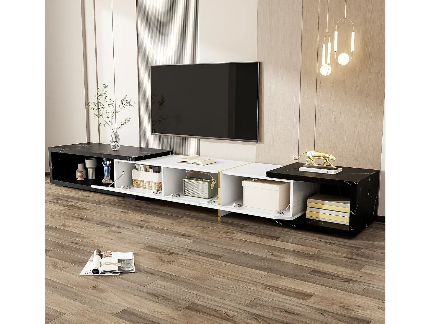 Suporte de TV moderno com altura ajustável (140-260 cm), suporte de TV baixo com função giratória, branco