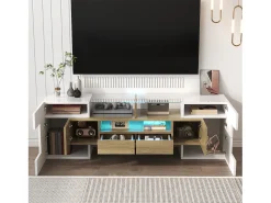 Suporte de TV moderno de alto brilho com LED, 4 portas e 2 gavetas, armazenamento aberto, branco