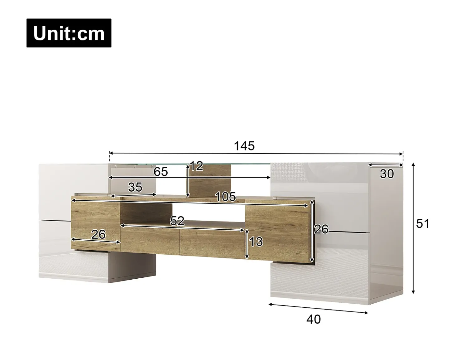Suporte de TV moderno de alto brilho com LED, 4 portas e 2 gavetas, armazenamento aberto, branco