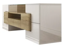 Suporte de TV moderno de alto brilho com LED, 4 portas e 2 gavetas, armazenamento aberto, branco