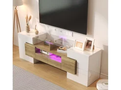 Suporte de TV moderno de alto brilho com LED, 4 portas e 2 gavetas, armazenamento aberto, branco