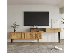 Suporte de TV moderno: mármore e textura de madeira, pés de ferro, madeira escura, compacto e durável.