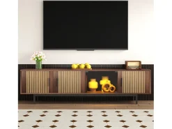 Suporte de TV, móvel baixo com textura esculpida, suporte de TV com barra de luz LED e porta de vidro temperado.
