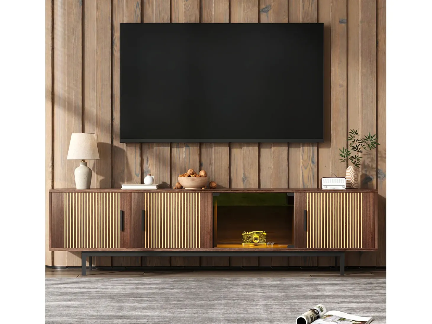 Suporte de TV, móvel baixo com textura esculpida, suporte de TV com barra de luz LED e porta de vidro temperado.