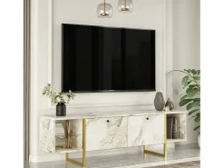 Suporte de TV móvel DFlorian, Aparador de sala, Armário de TV baixo, Base de parede equipada, 160x40h48 cm, Branco e Dourado