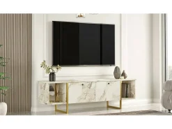 Suporte de TV móvel DFlorian, Aparador de sala, Armário de TV baixo, Base de parede equipada, 160x40h48 cm, Branco e Dourado