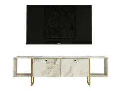 Suporte de TV móvel DFlorian, Aparador de sala, Armário de TV baixo, Base de parede equipada, 160x40h48 cm, Branco e Dourado