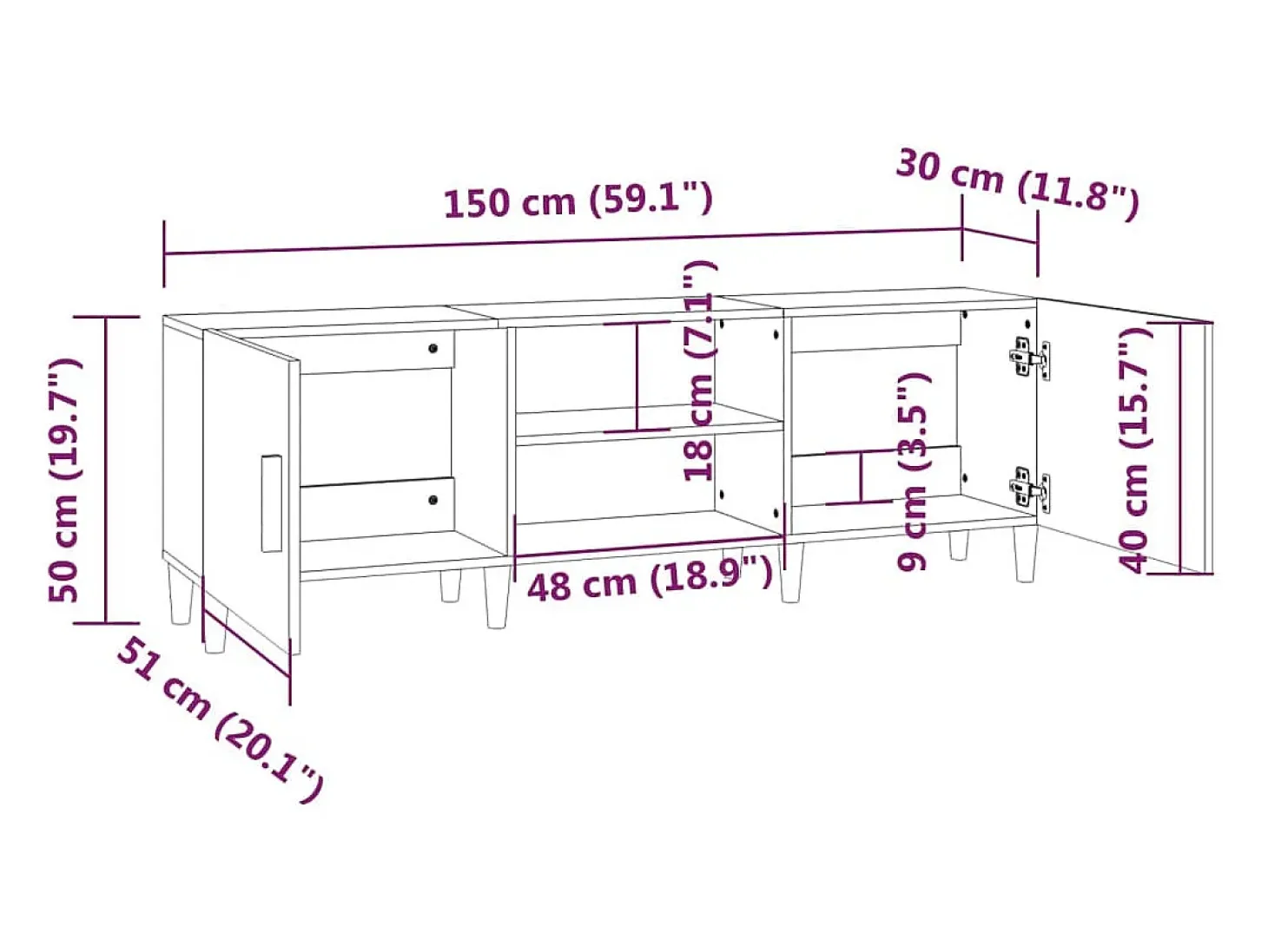 Suporte multimídia para TV prateleira para TV aparador armário para TV sala de jantar sala de estar quarto 150 x 30 x 50 cm madeira engenheirada preta 02_0026003