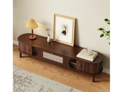 Suporte para TV – 170 x 39,5 x 38 cm - Móvel para TV com 2 portas de madeira natural e 1 gaveta de rattan.
