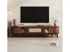 Suporte para TV – 170 x 39,5 x 38 cm - Móvel para TV com 2 portas de madeira natural e 1 gaveta de rattan.