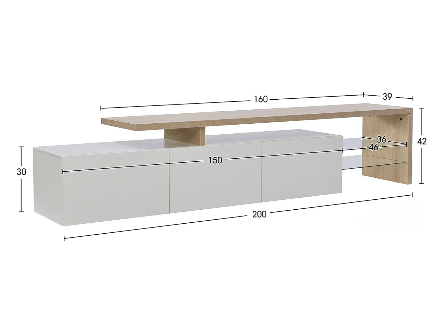Suporte para TV 200 x 39 x 42 cm, com iluminação LED de 7 cores e tampo de mesa, branco.