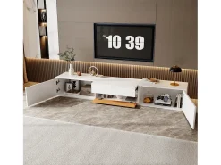 Suporte para TV 180 x 34 x 30 cm com prateleira para projetor e 3 portas - Branco e madeira