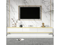 Suporte para TV branco - Suporte para TV com 3 gavetas e acabamento dourado - Corrediças inferiores suaves e silenciosas