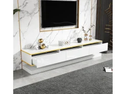 Suporte para TV branco - Suporte para TV com 3 gavetas e acabamento dourado - Corrediças inferiores suaves e silenciosas