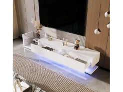 Suporte para TV branco - Suporte para TV para sala de estar com iluminação LED ajustável - 2 gavetas e espaço aberto para arrumação