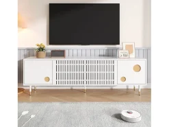 Suporte para TV Branco - Suporte para TV com 4 portas com estrutura em treliça - detalhes dourados e pés ajustáveis