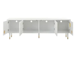 Suporte para TV Branco - Suporte para TV com 4 portas com estrutura em treliça - detalhes dourados e pés ajustáveis
