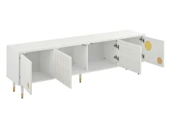 Suporte para TV Branco - Suporte para TV com 4 portas com estrutura em treliça - detalhes dourados e pés ajustáveis