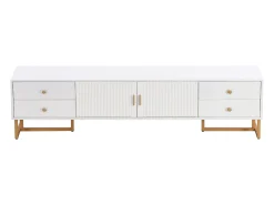 Suporte para TV branco - Suporte para TV para sala de estar com 2 portas texturadas e 4 gavetas - puxadores e pés dourados