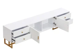 Suporte para TV branco - Suporte para TV para sala de estar com 2 portas texturadas e 4 gavetas - puxadores e pés dourados
