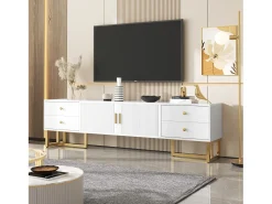 Suporte para TV branco - Suporte para TV para sala de estar com 2 portas texturadas e 4 gavetas - puxadores e pés dourados