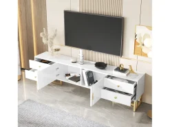Suporte para TV branco - Suporte para TV para sala de estar com 2 portas texturadas e 4 gavetas - puxadores e pés dourados